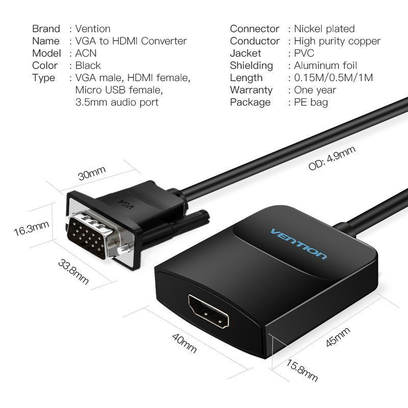 Vention Converter VGA+Audio to HDMI & USB Power 0.5m ACNBD
