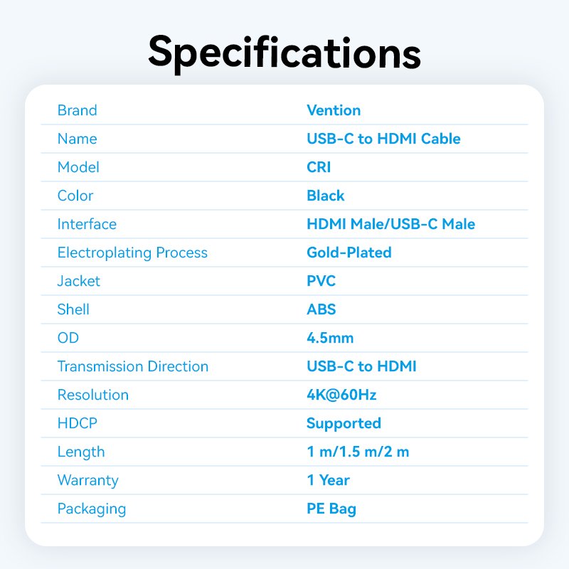 Vention Converter USB-C to HDMI Cable 4K60Hz 1.5m CRIBG