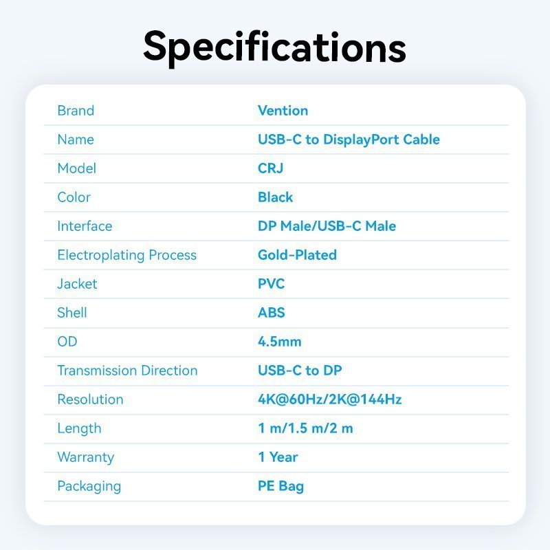 Vention Converter USB-C to DisplayPort Cable 4K60Hz 1.0m CRJBF