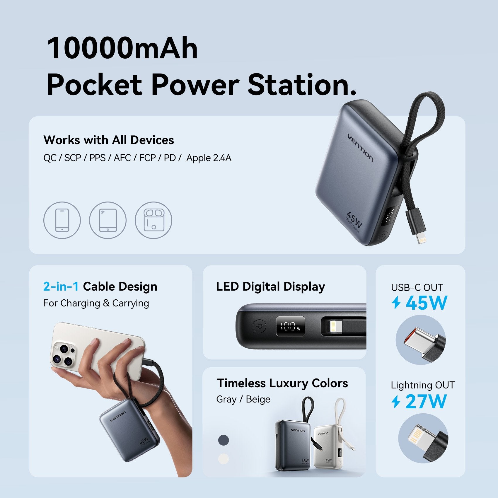 Vention Powerbank 10000mAh 45W Built-in USB-C & Lightning Cables FKMN0 Beige