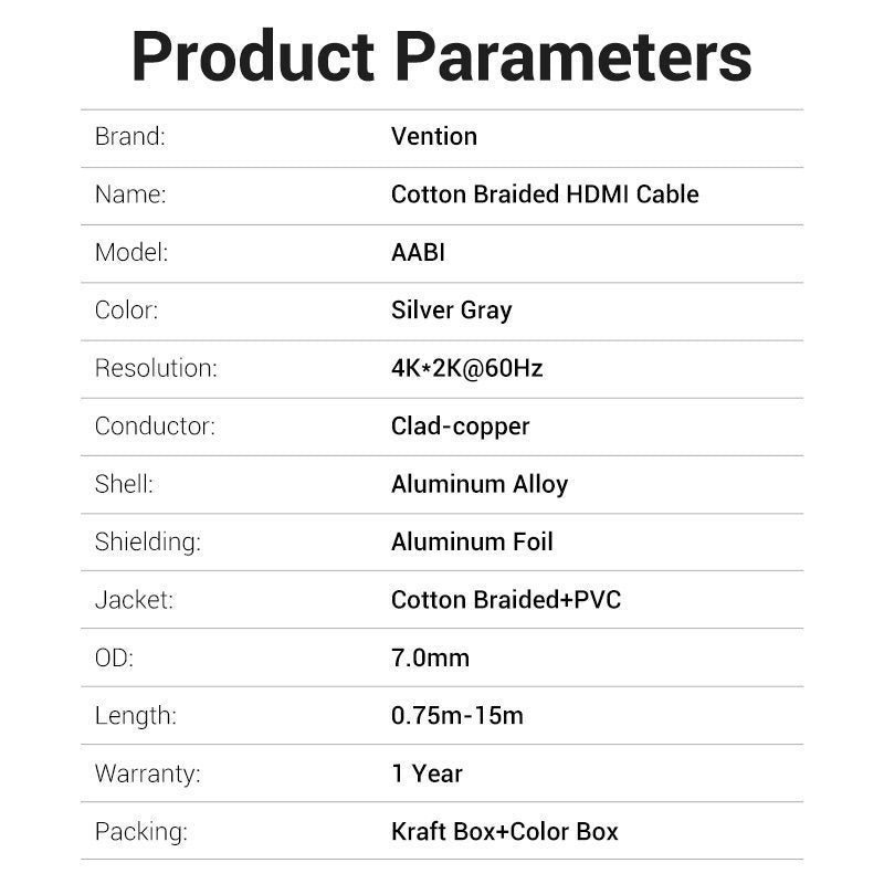 Vention HDMI Cable 2.0 4K60Hz Braided 2.0m Silver AABIH
