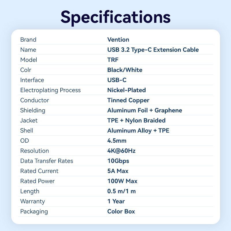 Vention IT Cable USB-C 3.2 Gen2 M-F 0.5m Braided Aluminum Black TRFBD