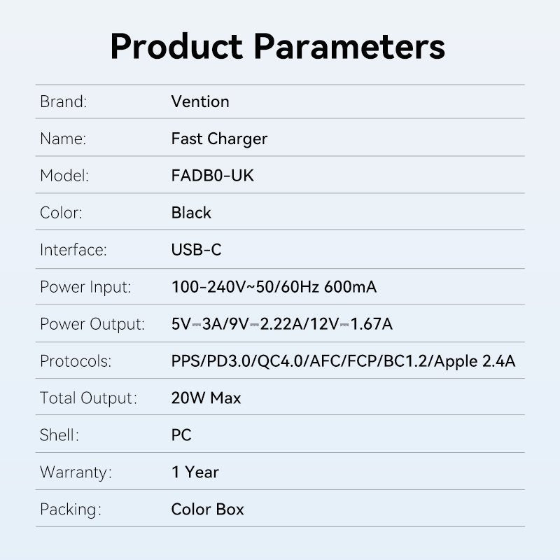 Vention Charger Wall 20W 1xUSBC Black FADB0-UK