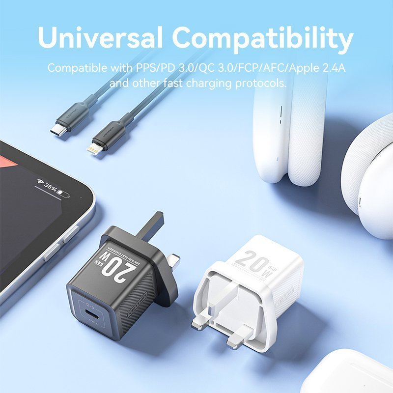 Vention Charger Wall GaN 20W 1xUSBC UK+Lightning Cable White FEPW0