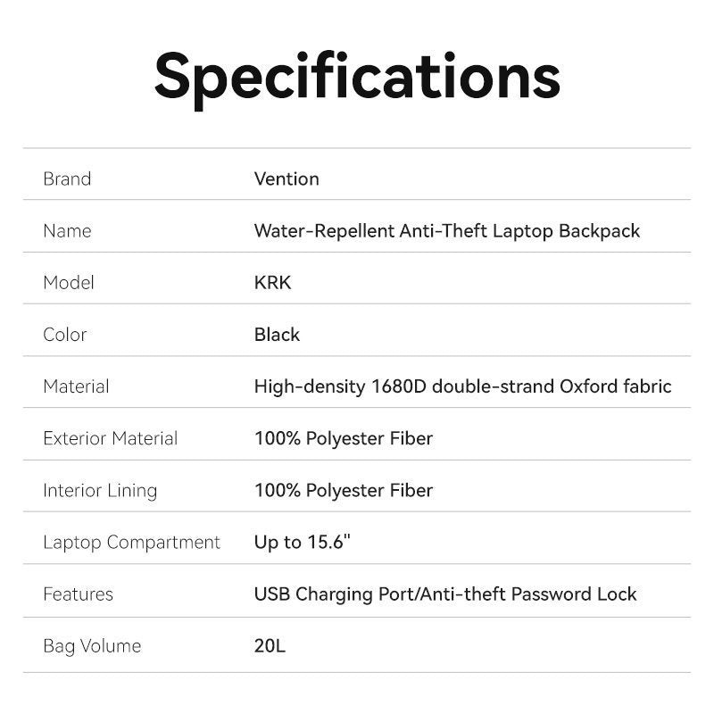 Vention Backpack 15.6” Water-Repellent USB Charge & Lock Black KRKB0