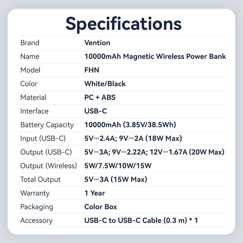 Vention Powerbank Wireless Magnetic 10000mAh 20W Black FHNB0