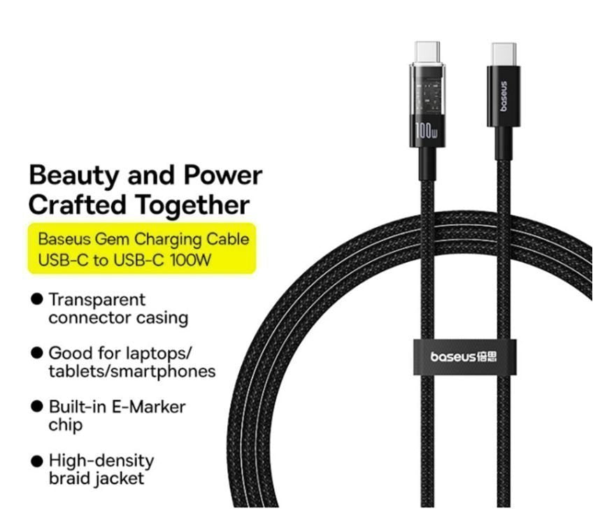 Baseus Cable USB-C to USB-C Gem Series 100W 2.0m Black