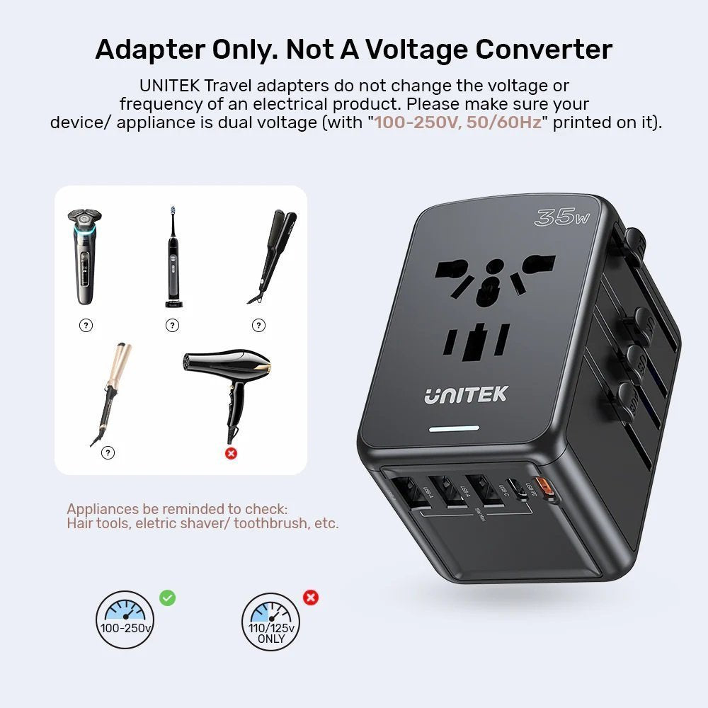 Unitek P1121A Universal Travel Wall Charger 35W 2xUSB-C + 3xUSB-A
