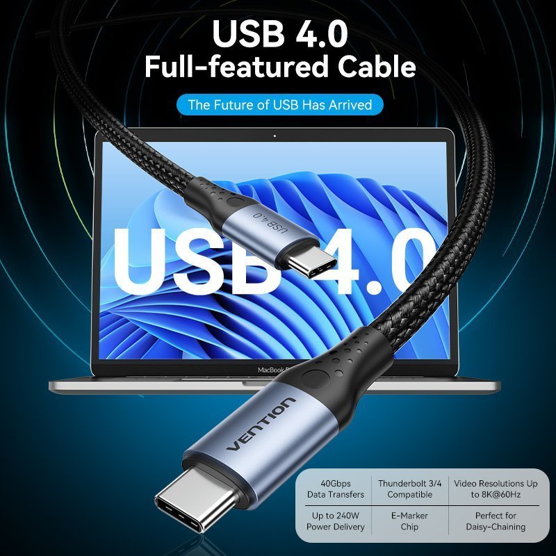 Vention IT Cable USB-C 4.0 M-M 1.0m Braided Aluminium Grey TAVHF