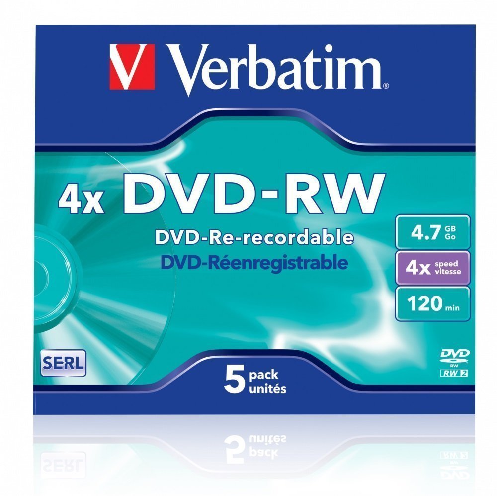 Verbatim DVD-RW 4.7GB 4X 5-Pack Jewel Case Matt Silver 43285