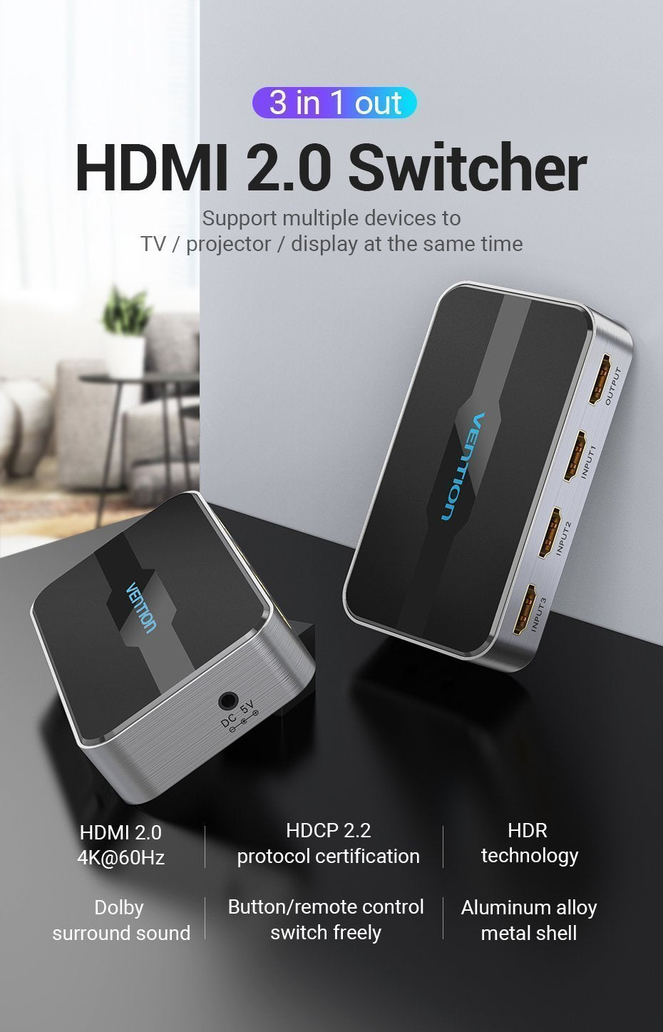 Vention HDMI Switch 3-Port 4K 2.0 w/Remote Control AFOH0
