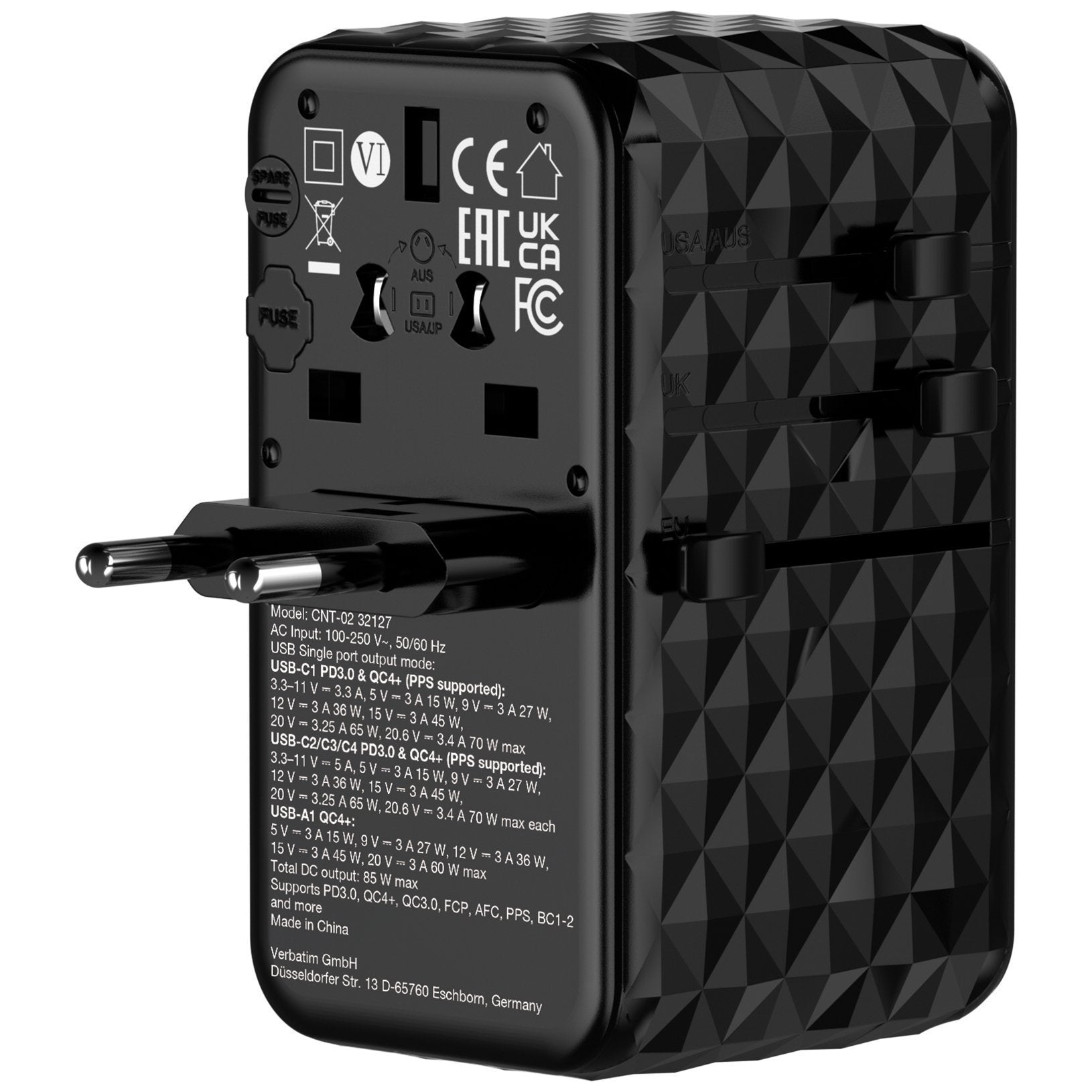 Verbatim Universal Charger Travel Adapter USB-C Retractable Cable 85W CNT-02