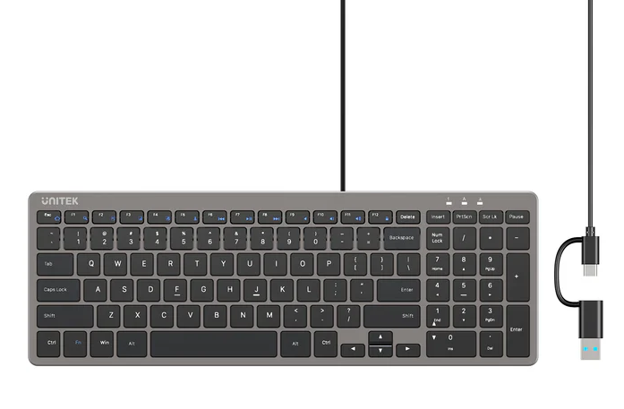 Unitek Keyboard Wired 99K USB-C/A English SlimTap T053 Space Grey