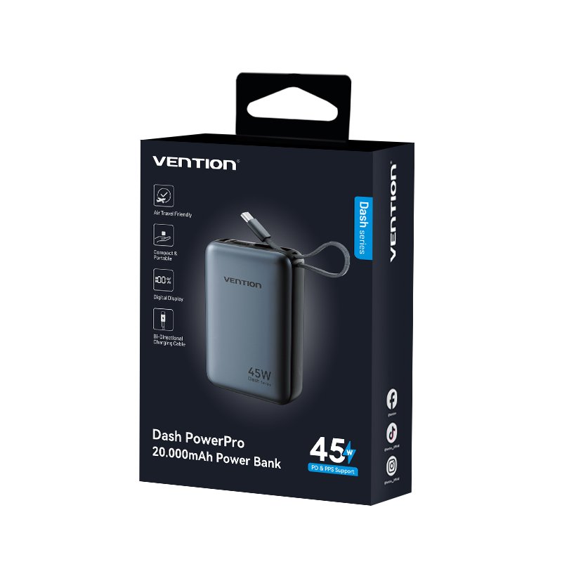 Vention Powerbank 20000mAh 45W 2xUSBC 1xUSBA + Built-in USBC Cable FHGH0-TY