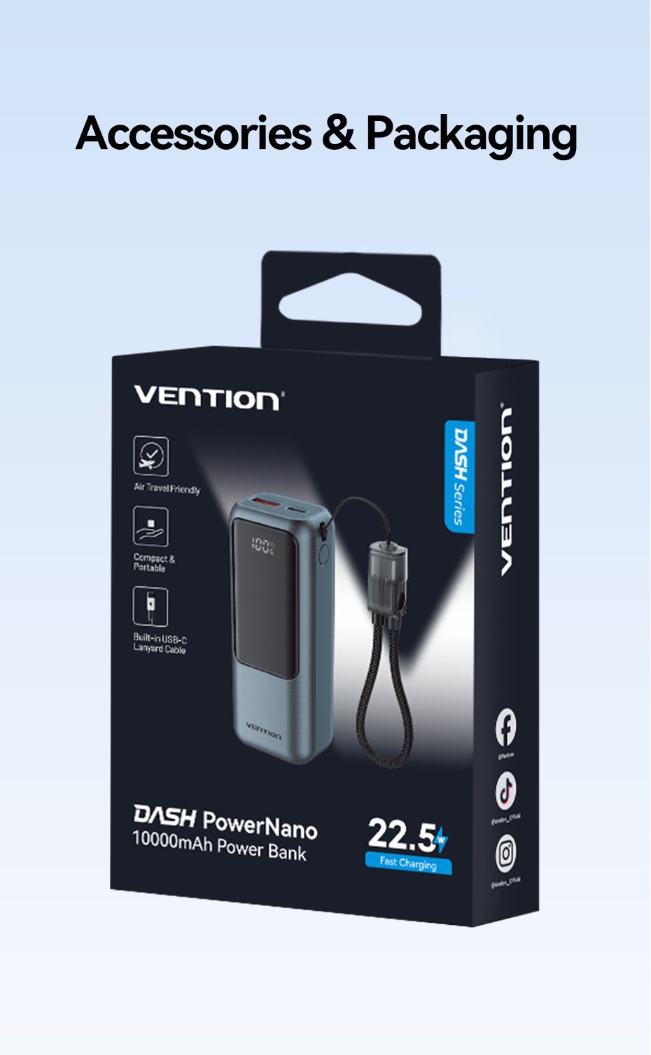 Vention Powerbank 10000mAh 22.5W Built-in USB-C Lanyard + Display FKOH0