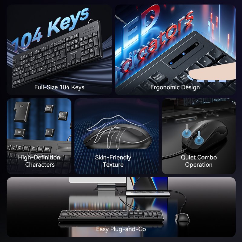 Vention Keyboard and Mouse Combo Wired Silent Slim Full Size KTYBG-EN