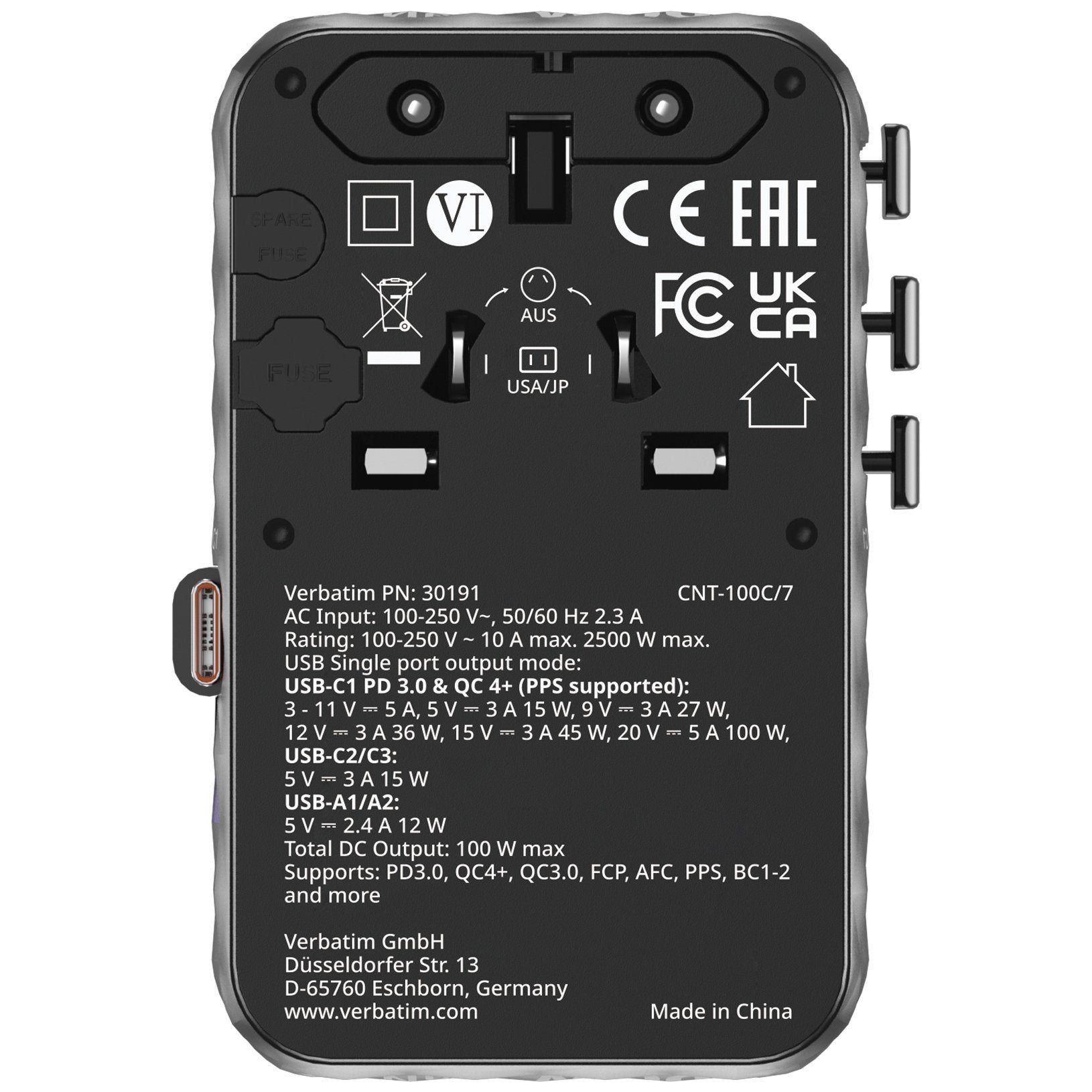 Verbatim Charger Travel Adapter 100W 2xC 2xA 1xRetractable USB-C Black