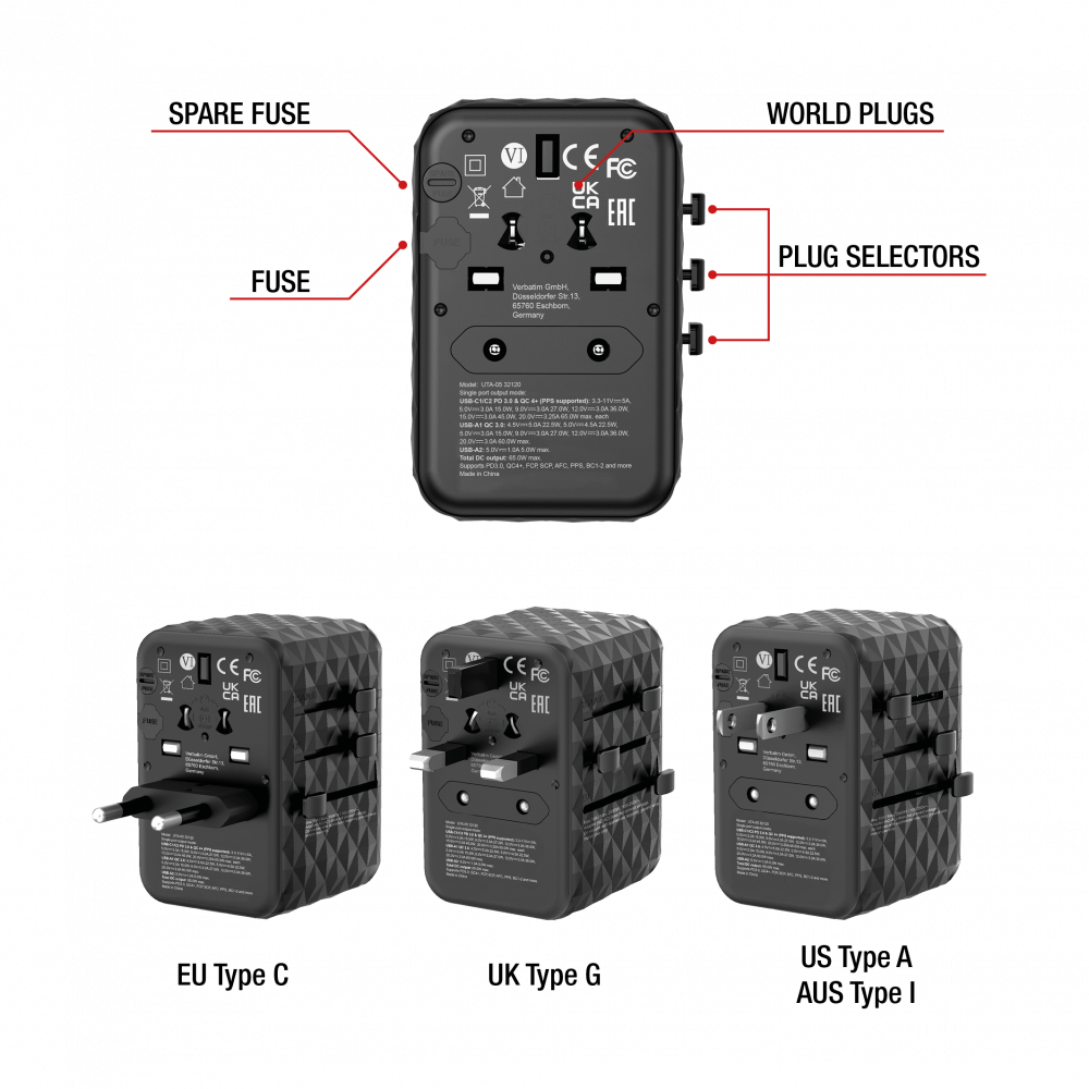 Verbatim Charger Travel Adapter World to World GAN III 65W 2xC 2xA UTA-05