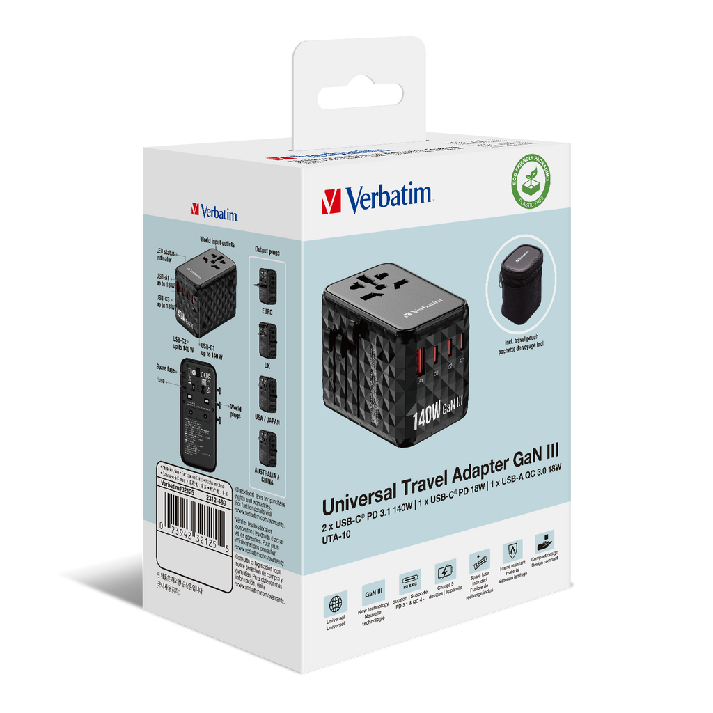 Verbatim Charger Travel Adapter World to World GAN III 140W 2xC 2xA UTA-10