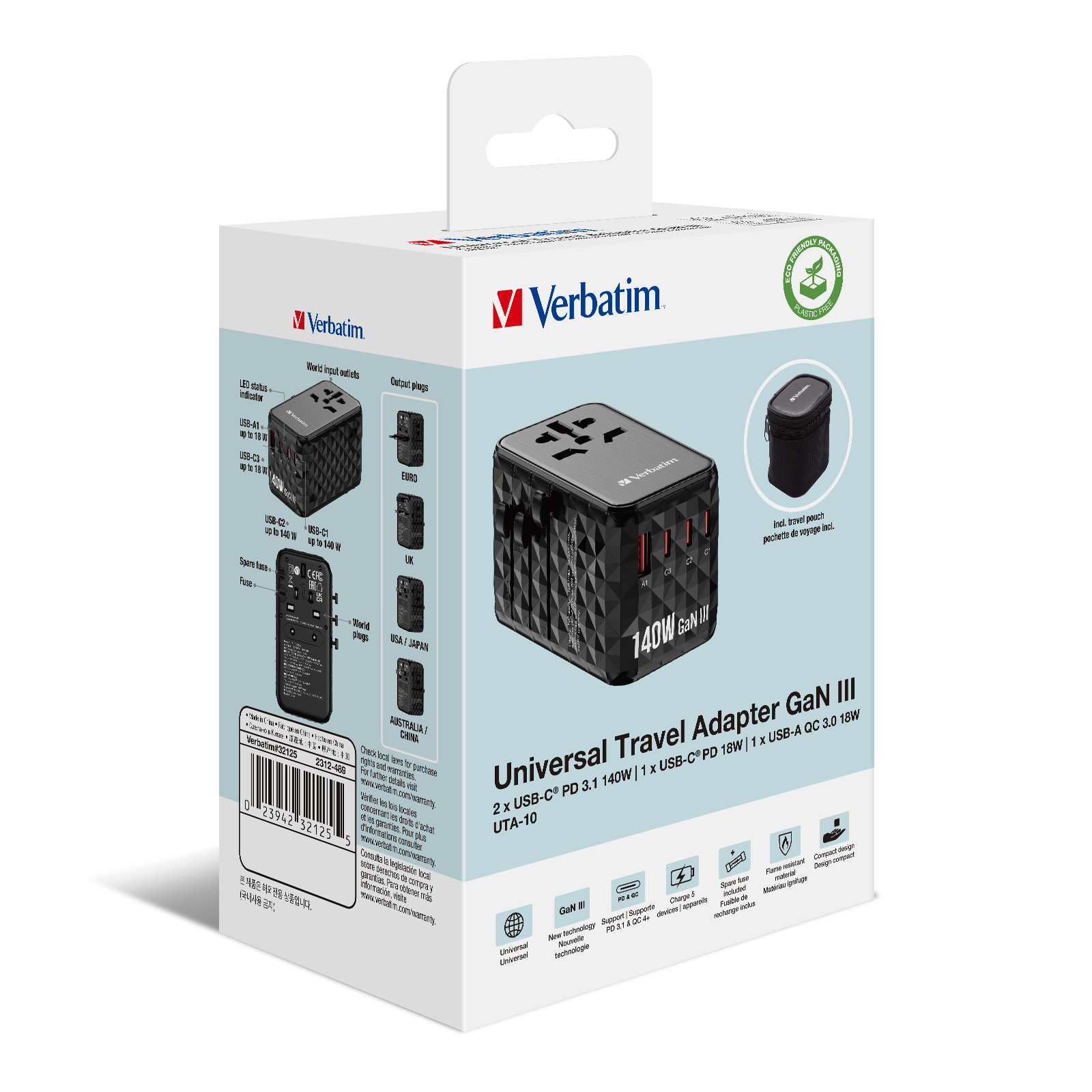 Verbatim Charger Travel Adapter World to World GAN III 140W 2xC 2xA UTA-10