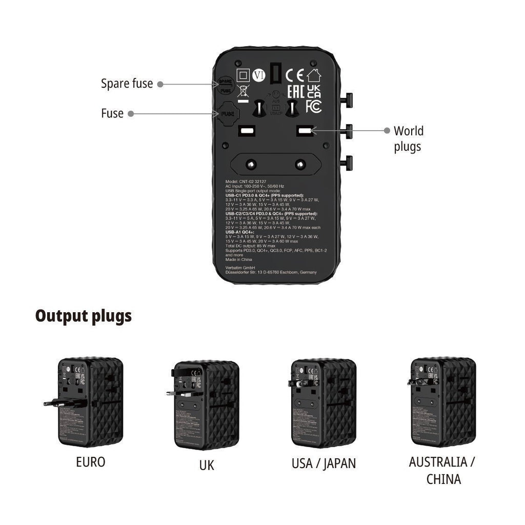 Verbatim Universal Charger Travel Adapter USB-C Retractable Cable 85W CNT-02