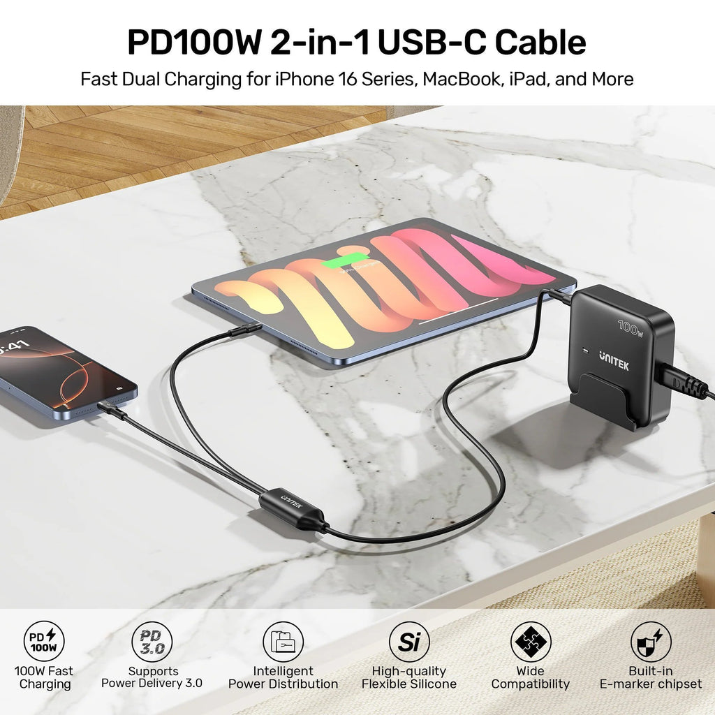 Unitek USB-C Cable PD100W 2-in-1 Dual Charging C14146ABK01-1.8M