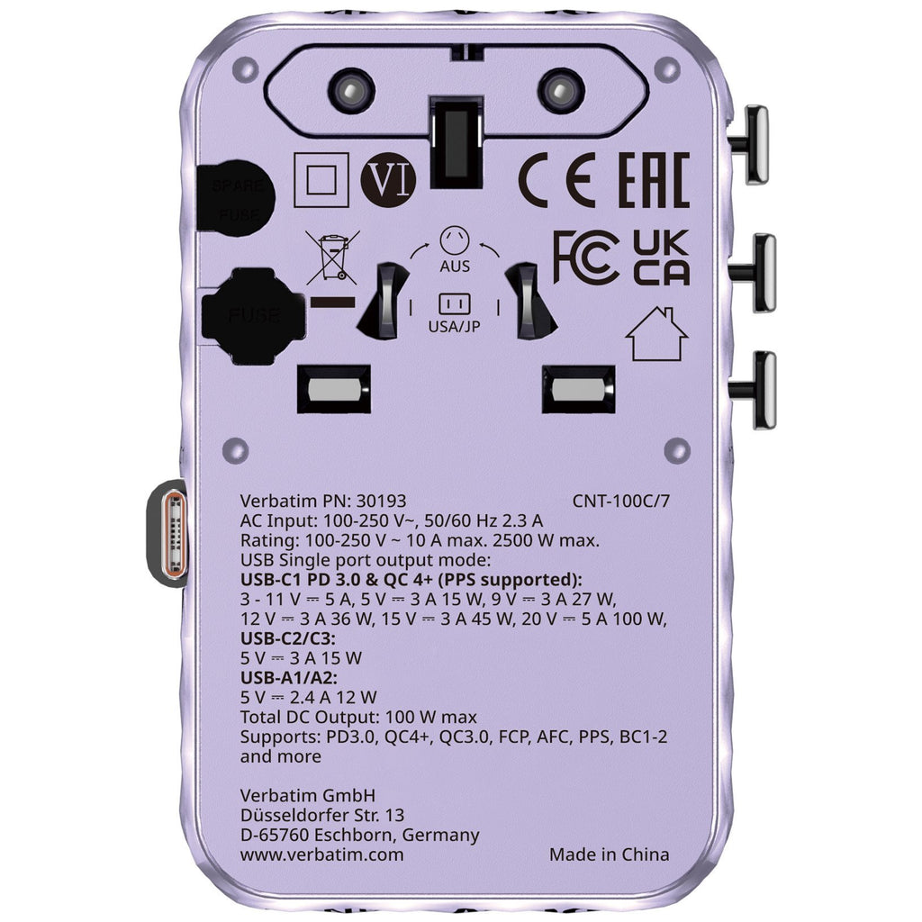 Verbatim Charger Travel Adapter 100W 2xC 2xA 1xRetractable USB-C Purple