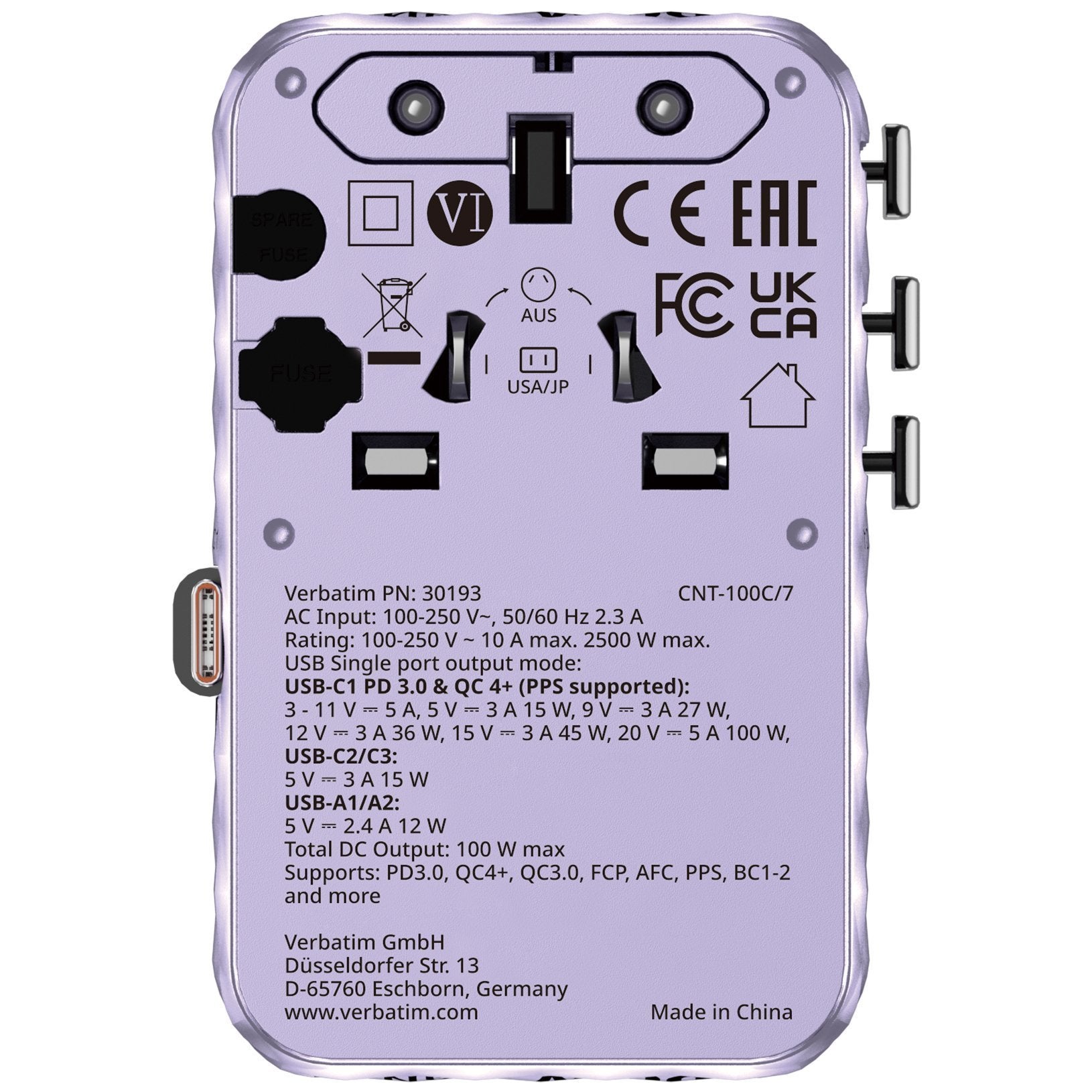 Verbatim Charger Travel Adapter 100W 2xC 2xA 1xRetractable USB-C Purple