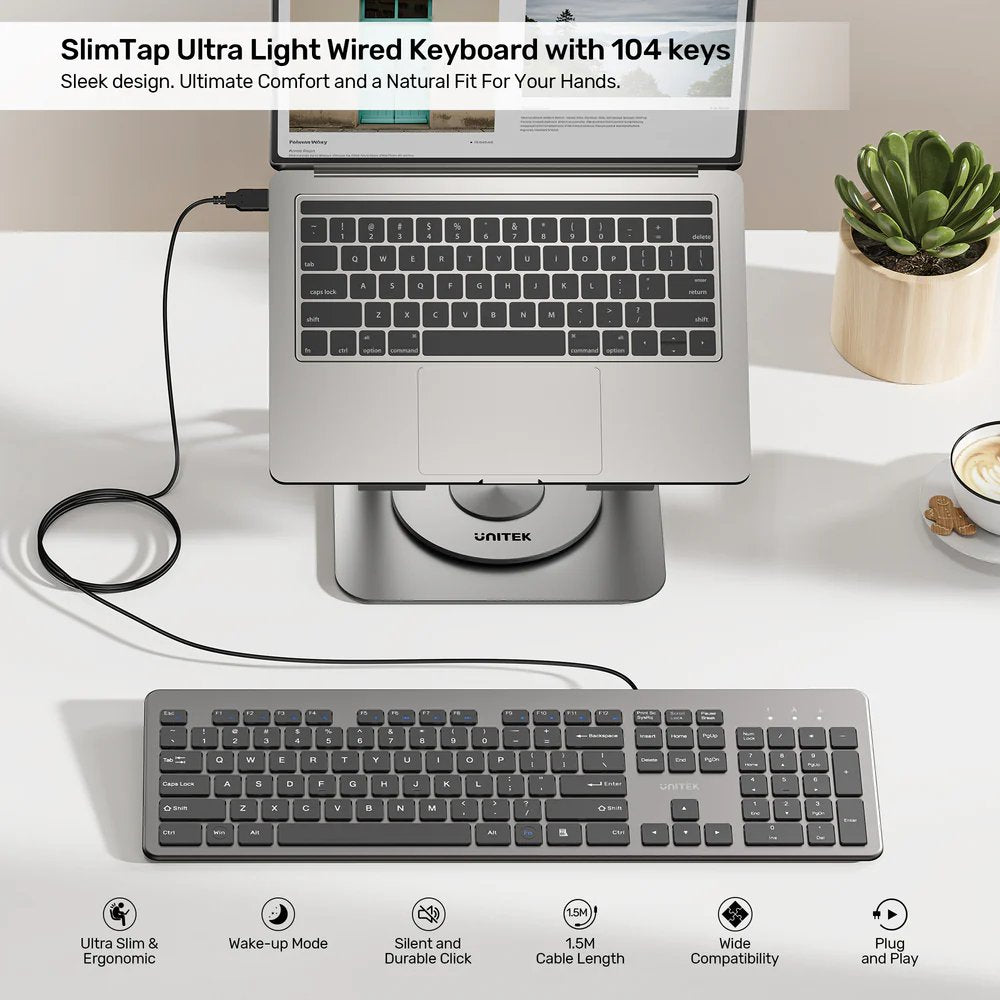 Unitek Keyboard Wired 104K USB-A English SlimTap T052 Space Grey