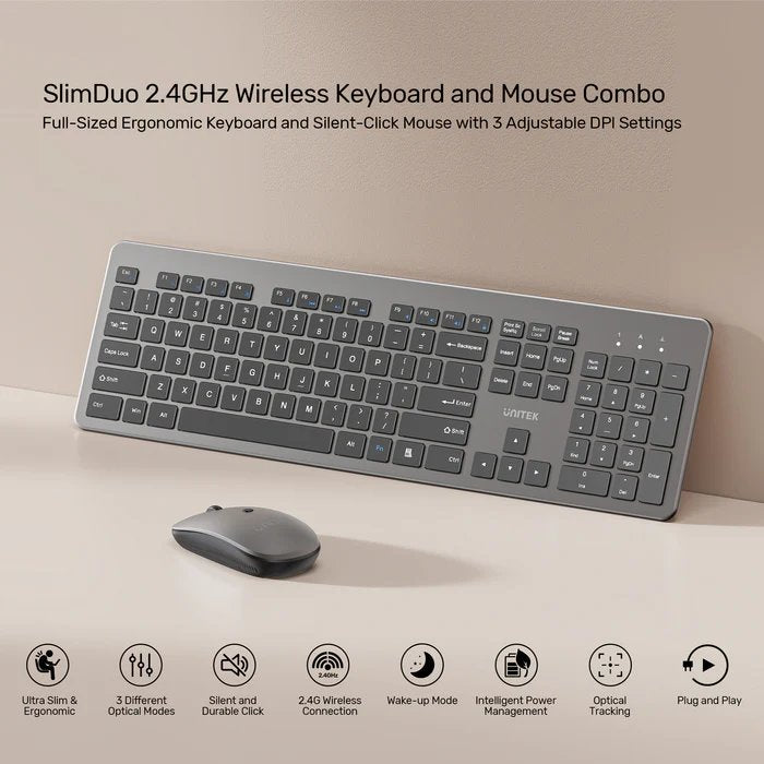 Unitek IT Keyboard & Mouse Combo Wireless 2.4GHz English SlimDuo T054 Space Grey