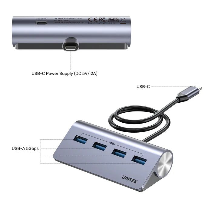 Unitek USB-C Hub 4xUSB-A 5Gbps & USB-C Power Port & 80cm Cable H1337B