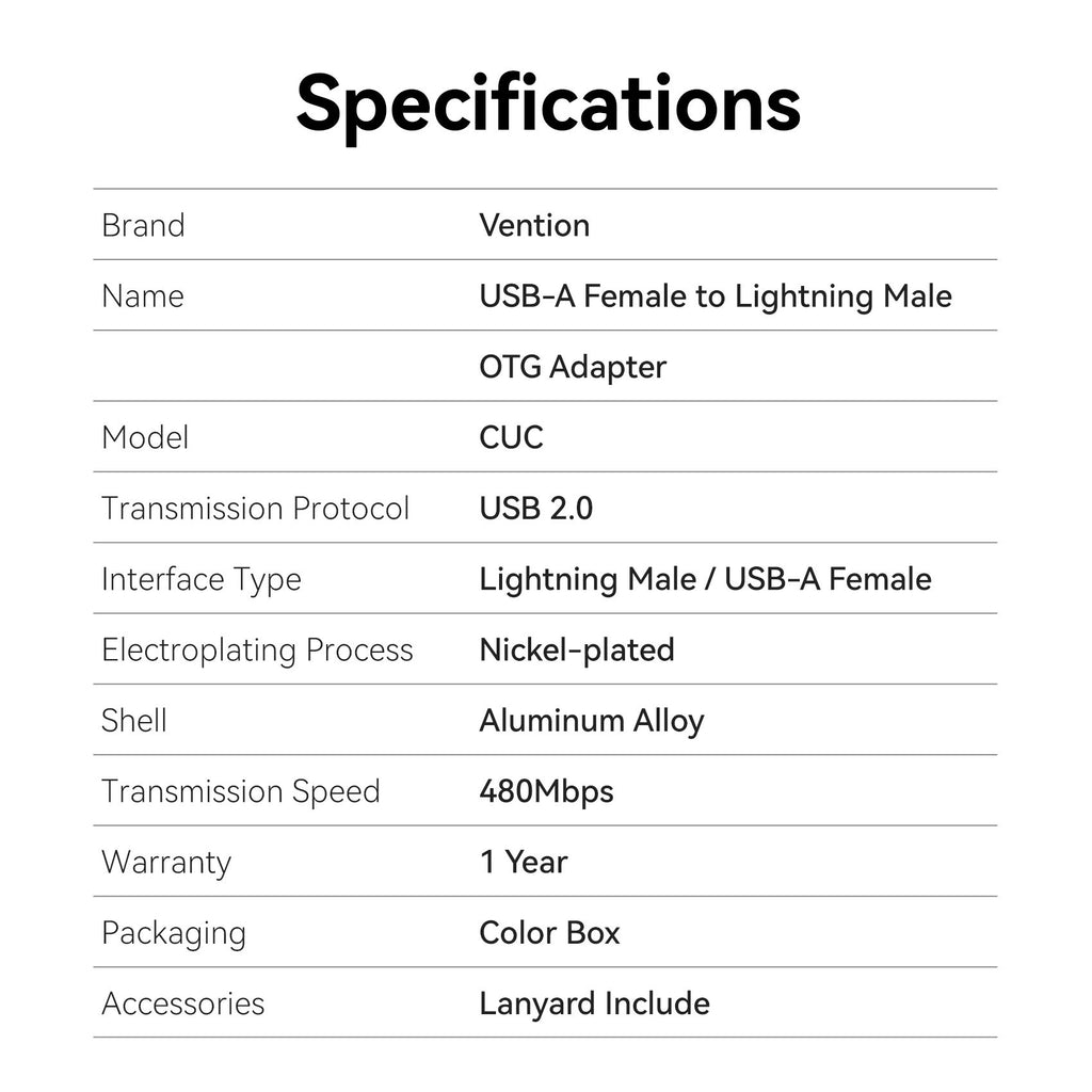 Vention Adaptor USB-A Female to Lightning Male OTG CUCH0