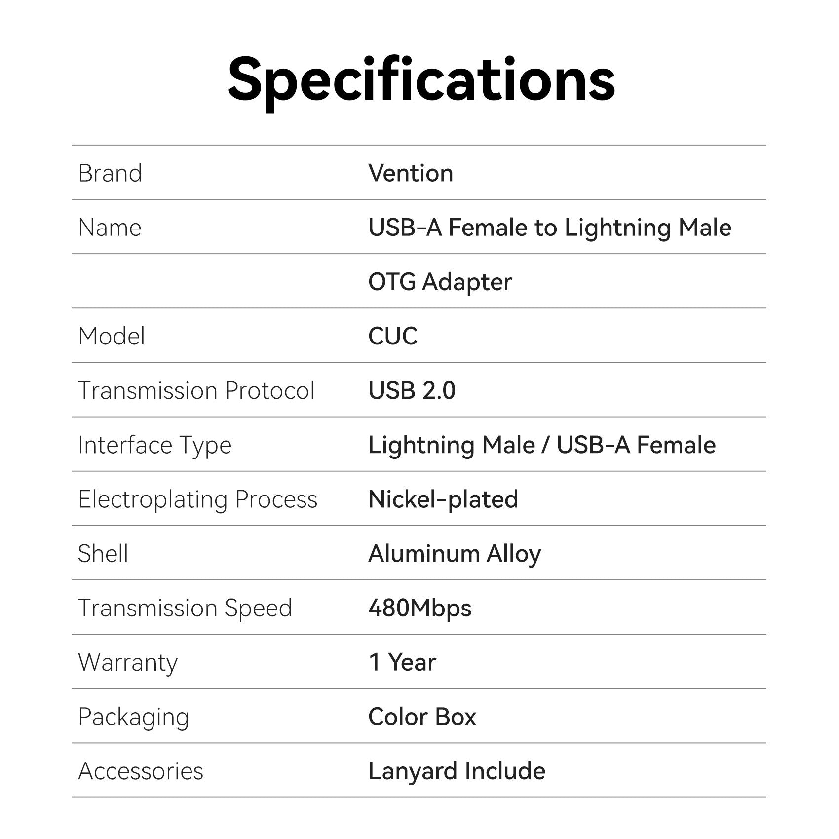 Vention Adaptor USB-A Female to Lightning Male OTG CUCH0