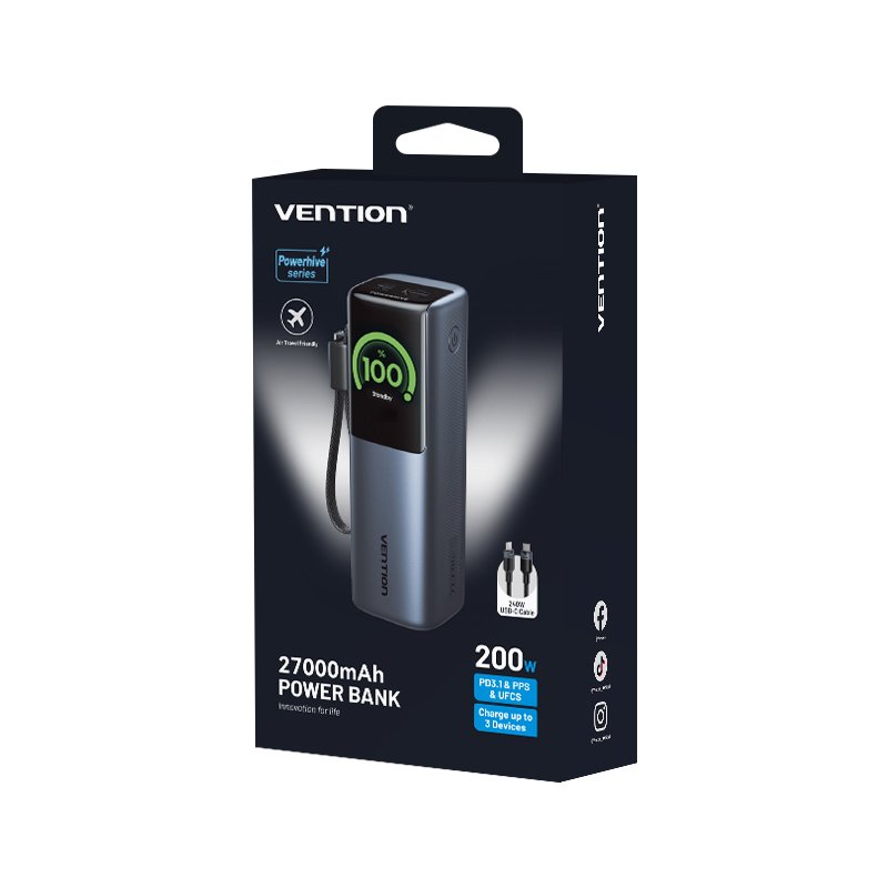 Vention Powerbank 27000mAh 200W 3xUSBC+USBA TFT Display +240W Cable FKGH0