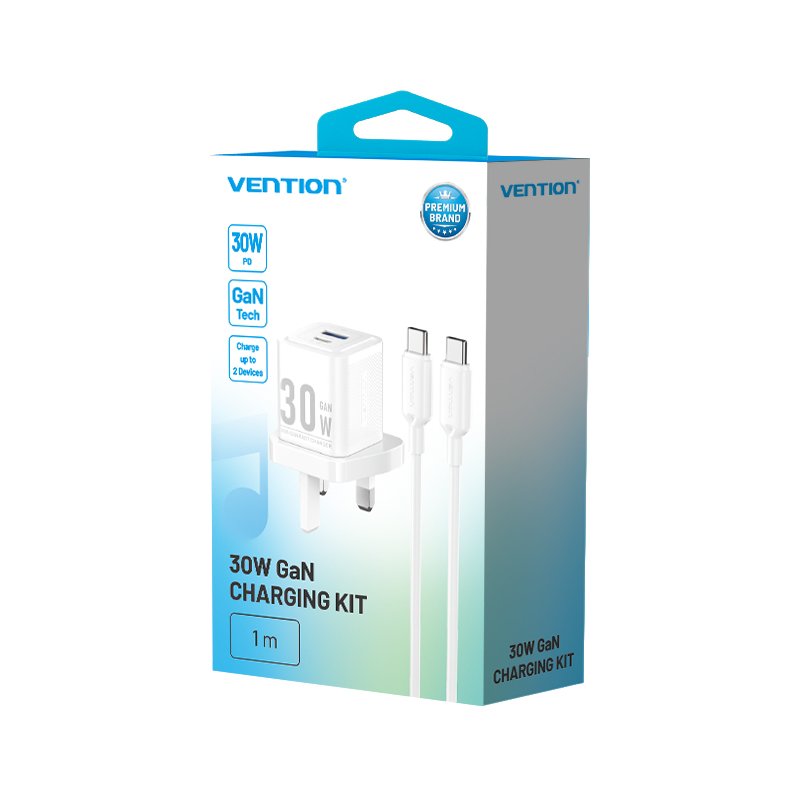 Vention Charger Wall GaN 30W 1xA 1xC+USBC Cable White TZ-FEQW0-UK-01