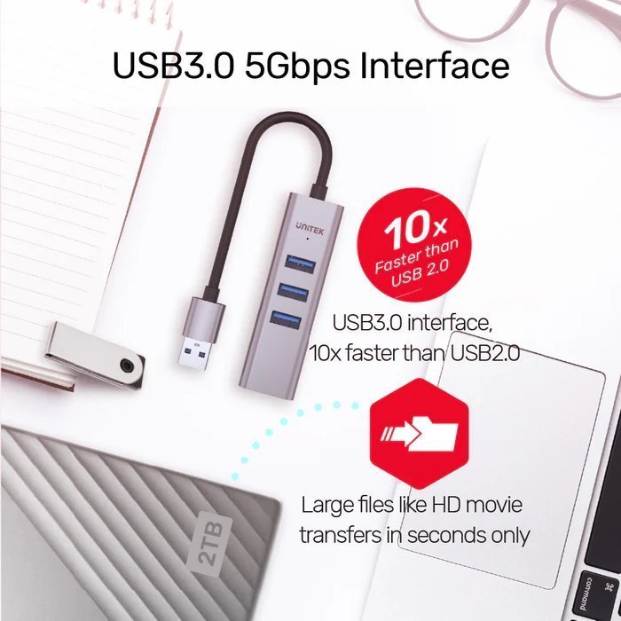 Unitek USB-C Hub USB3.0 3-Port & Gigabit LAN + USBA Adaptor Y-3088B