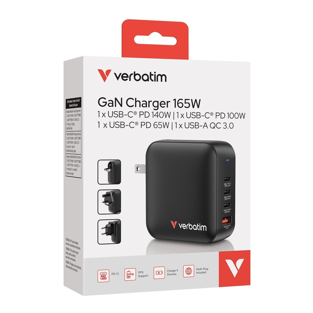 Verbatim Charger Wall 165W Mini GaN 3xUSBC 1xUSBA GNC-140