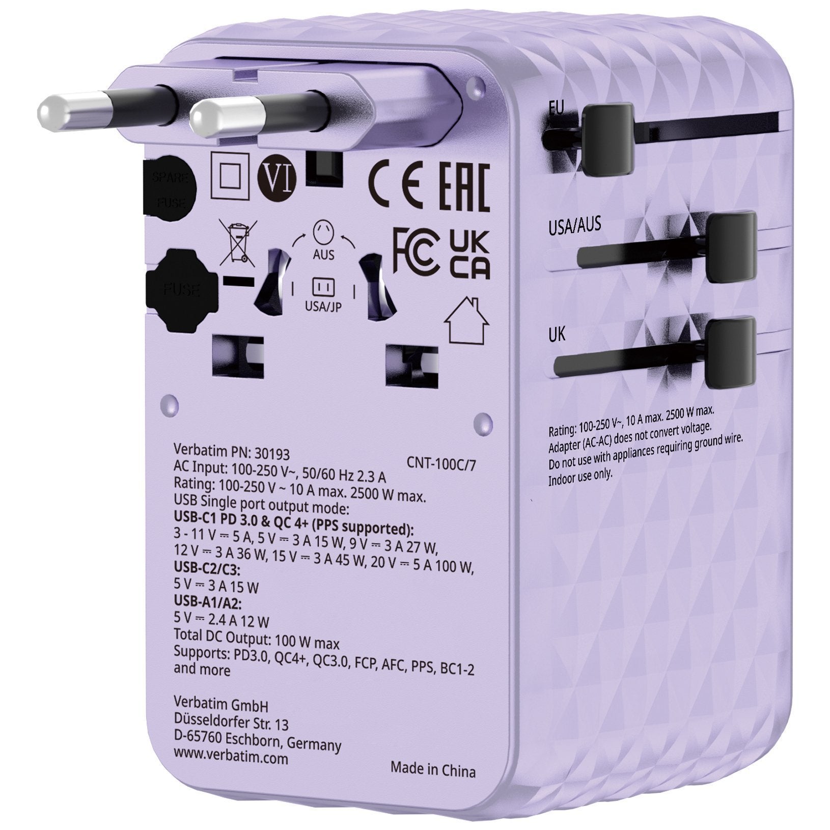 Verbatim Charger Travel Adapter 100W 2xC 2xA 1xRetractable USB-C Purple