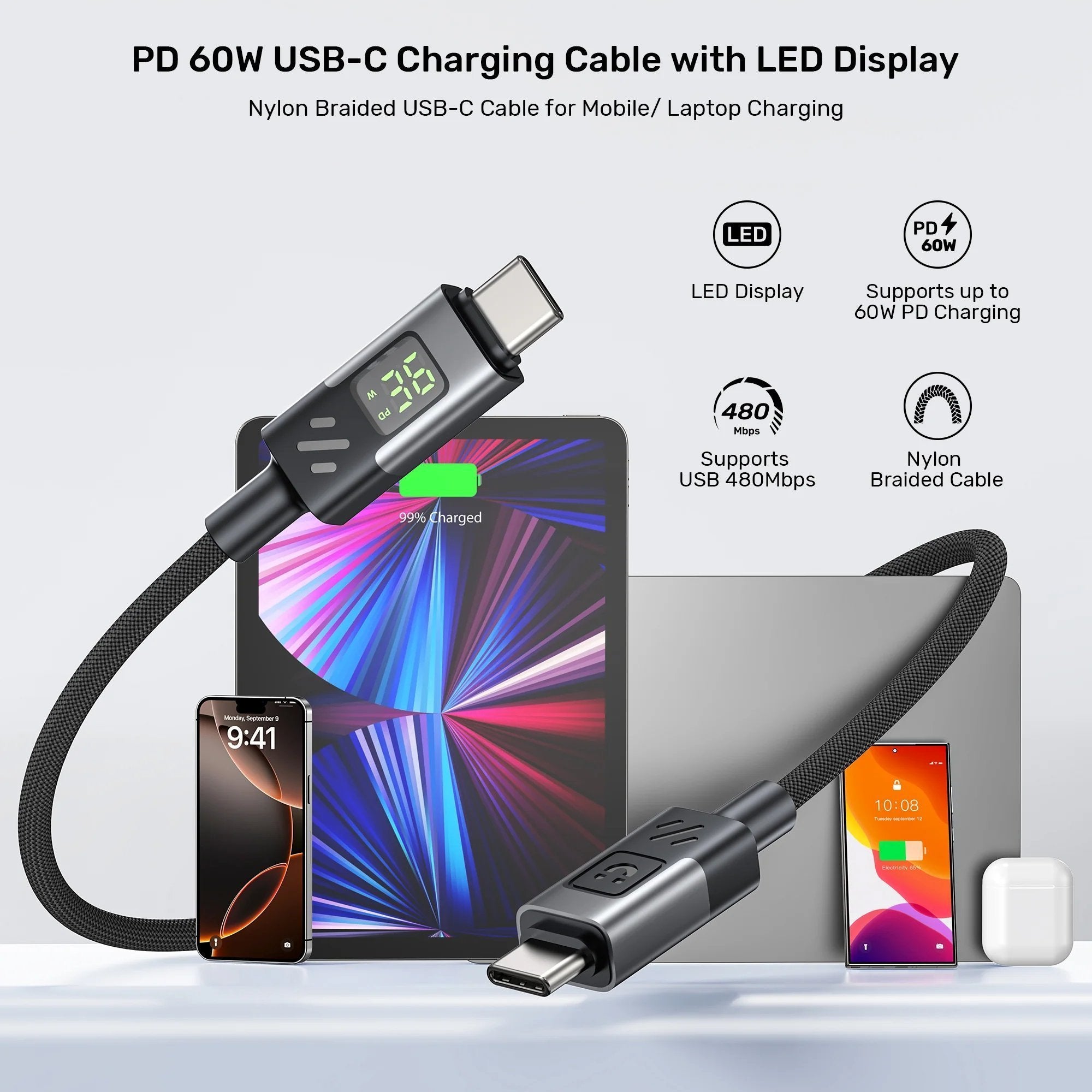 Unitek USB-C Cable PD60W Braided with Display 1.0m C14158A-1M