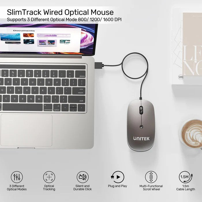Unitek Mouse Wired USB-A SlimTrack T060 Space Grey
