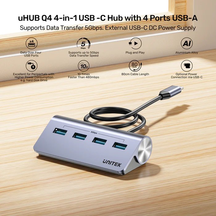 Unitek USB-C Hub 4xUSB-A 5Gbps & USB-C Power Port & 80cm Cable H1337B