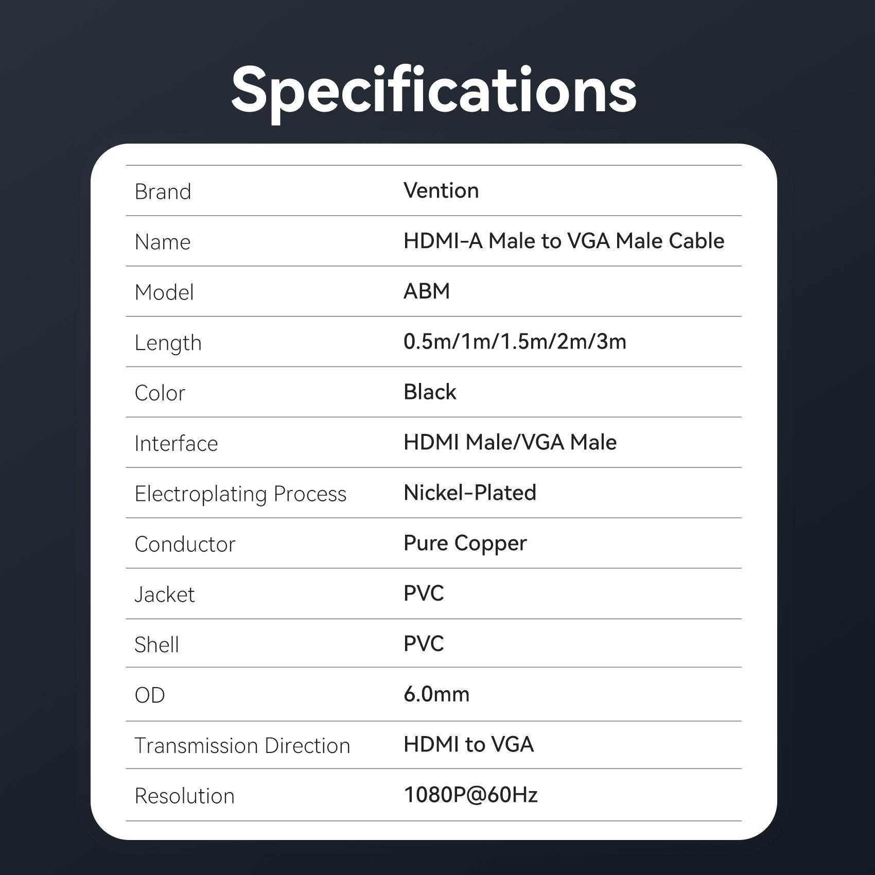 Vention HDMI-A Male to VGA Male Cable 3.0m Black ABMBI