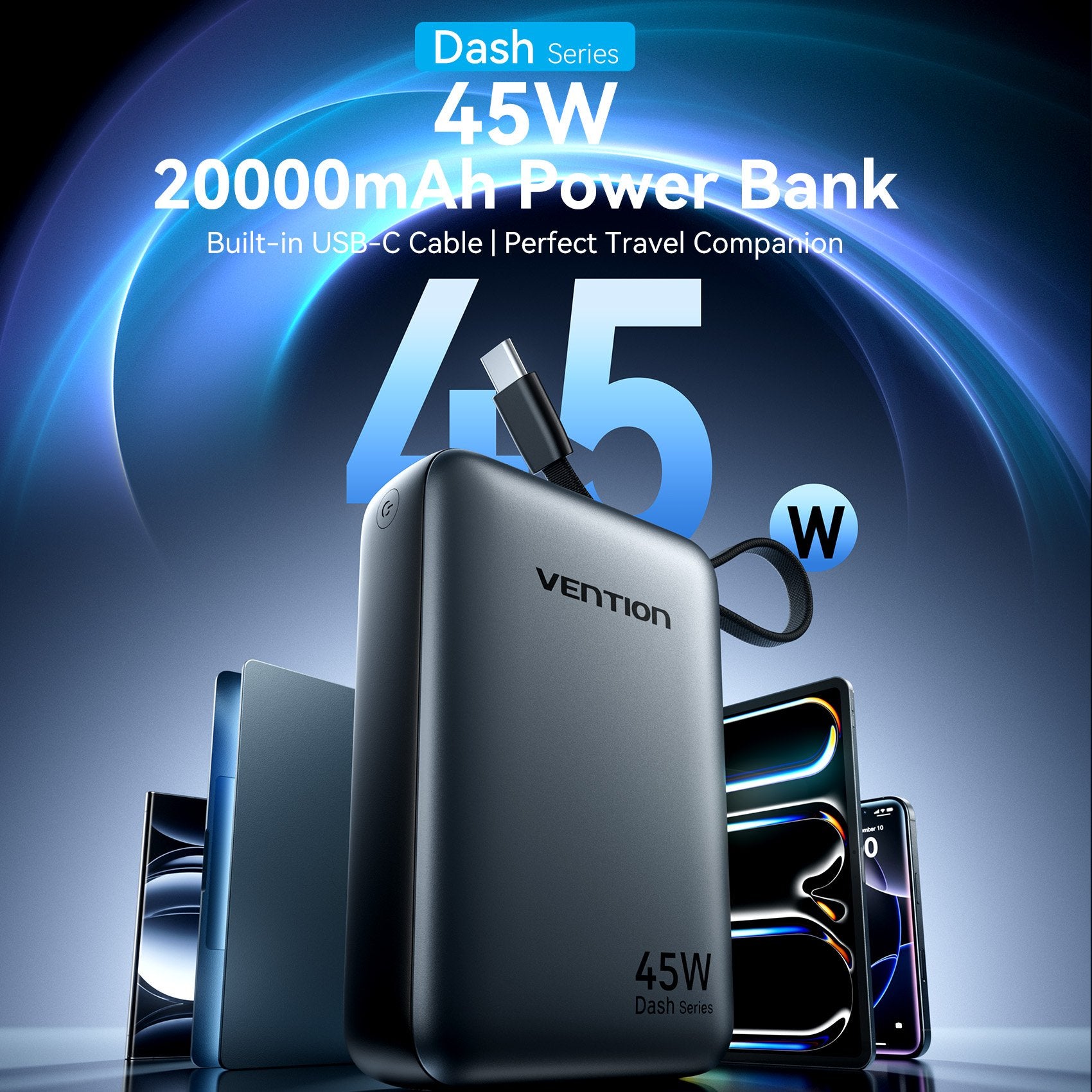 Vention Powerbank 20000mAh 45W 2xUSBC 1xUSBA + Built-in USBC Cable FHGH0-TY