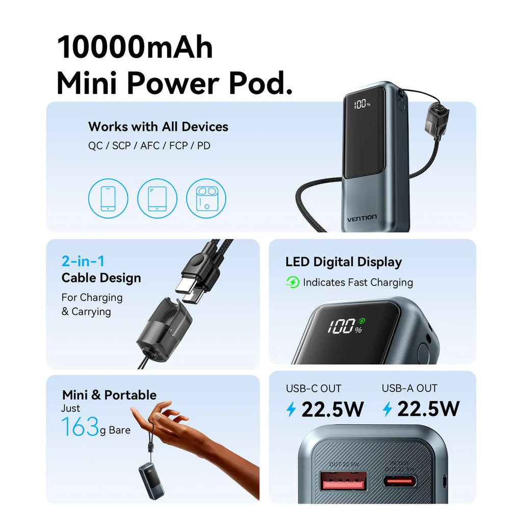 Vention Powerbank 10000mAh 22.5W Built-in USB-C Lanyard + Display FKOH0