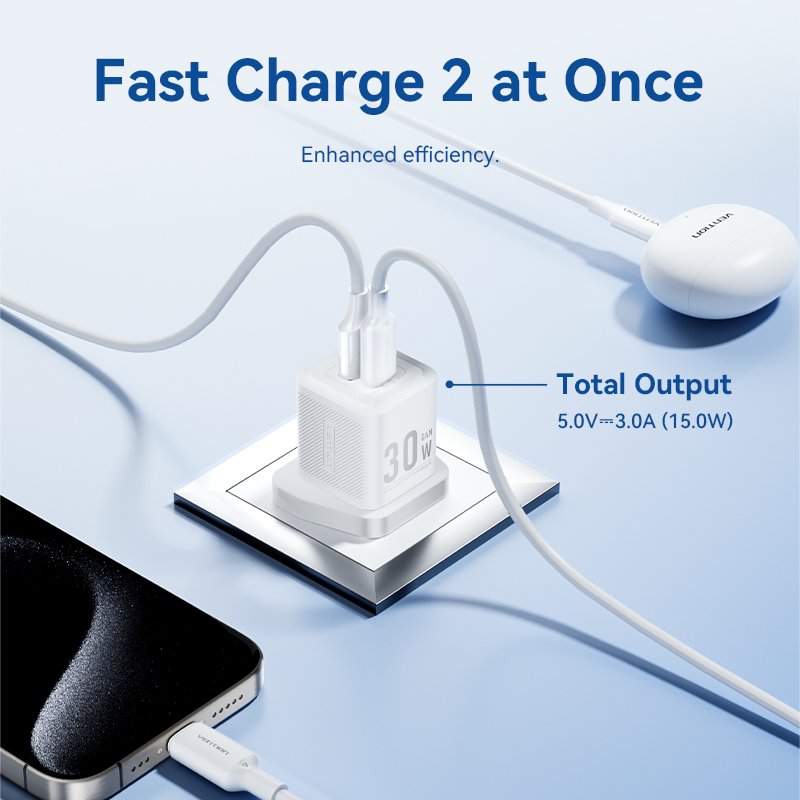 Vention Charger Wall GaN 30W 1xA 1xC+USBC Cable White TZ-FEQW0-UK-01