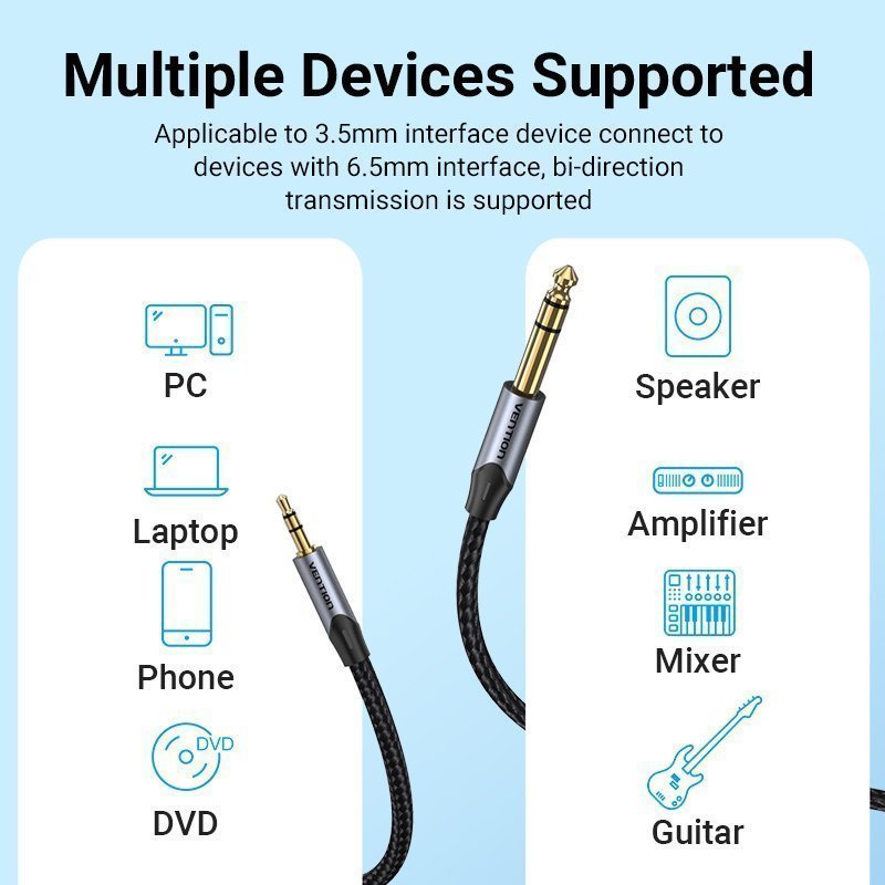 Vention AUDIO 3.5mm to 6.3mm M-M TRS Cable Braided Alum 5.0m BAUHJ