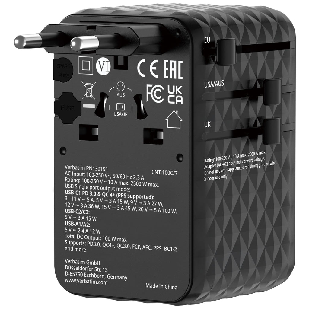 Verbatim Charger Travel Adapter 100W 2xC 2xA 1xRetractable USB-C Black