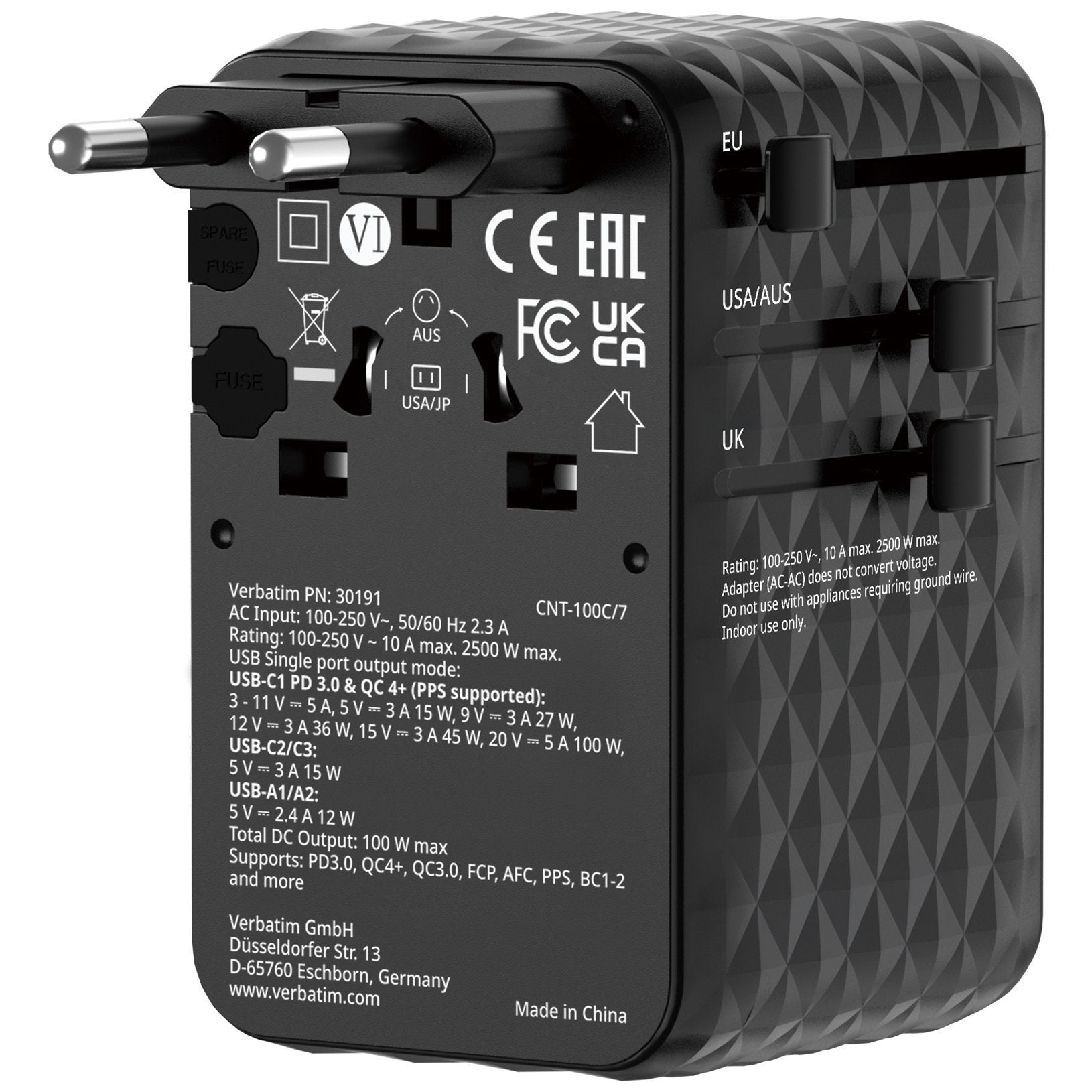 Verbatim Charger Travel Adapter 100W 2xC 2xA 1xRetractable USB-C Black