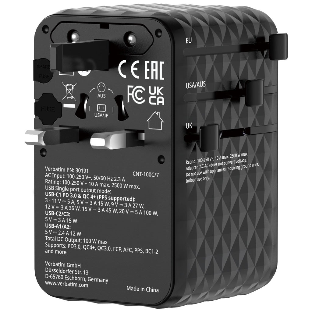 Verbatim Charger Travel Adapter 100W 2xC 2xA 1xRetractable USB-C Black
