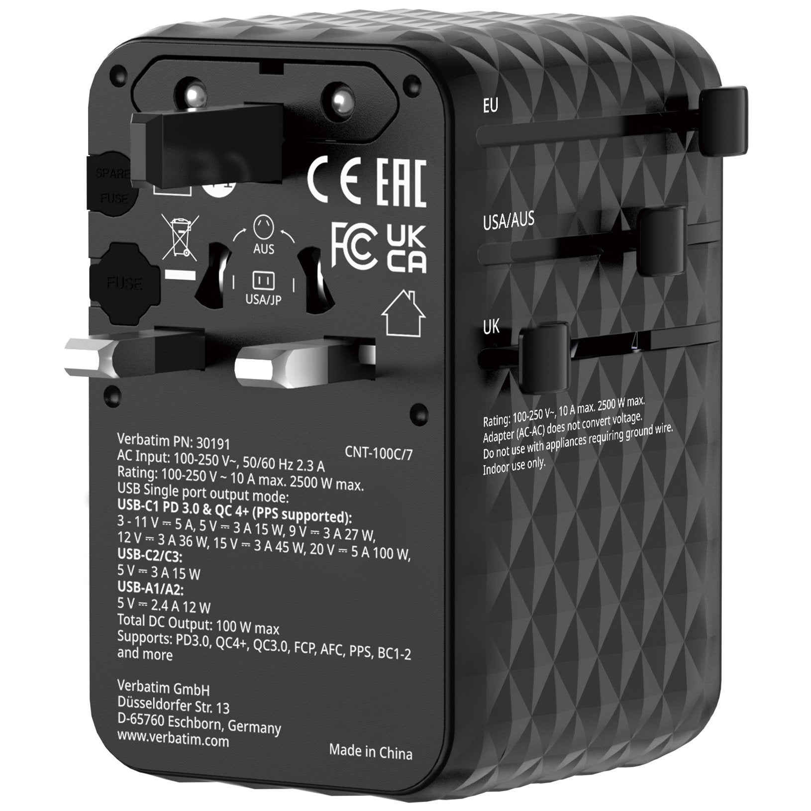 Verbatim Charger Travel Adapter 100W 2xC 2xA 1xRetractable USB-C Black